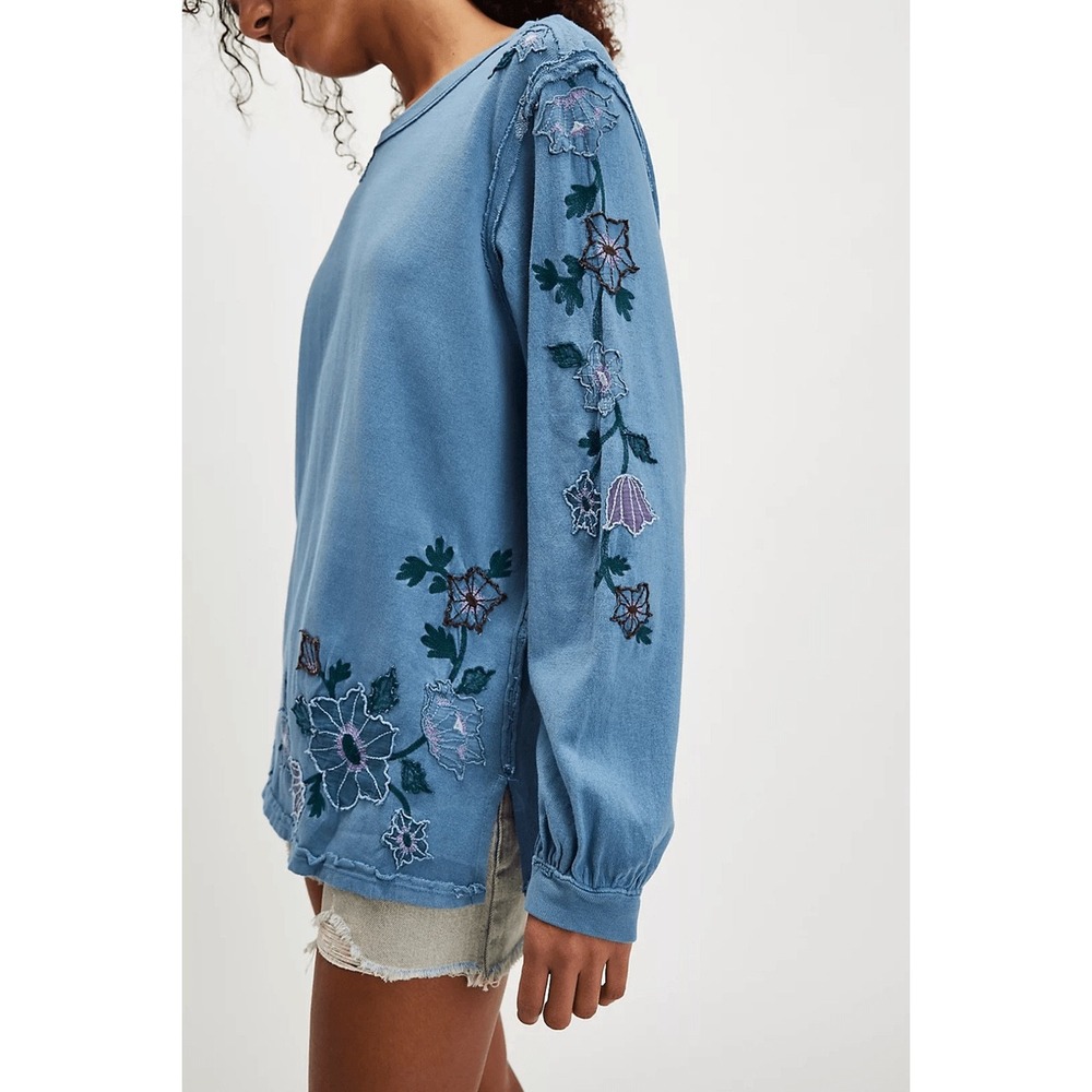 Free People Violet Vines Blue Embroidered Long Sleeve Boho Top Raw Seam Small - Picture 2 of 10